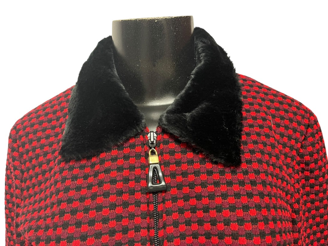 Size 8P Postive Attitude Vintage Womens Petite Zip Up Knit Checkered Jacket Fleece Collar