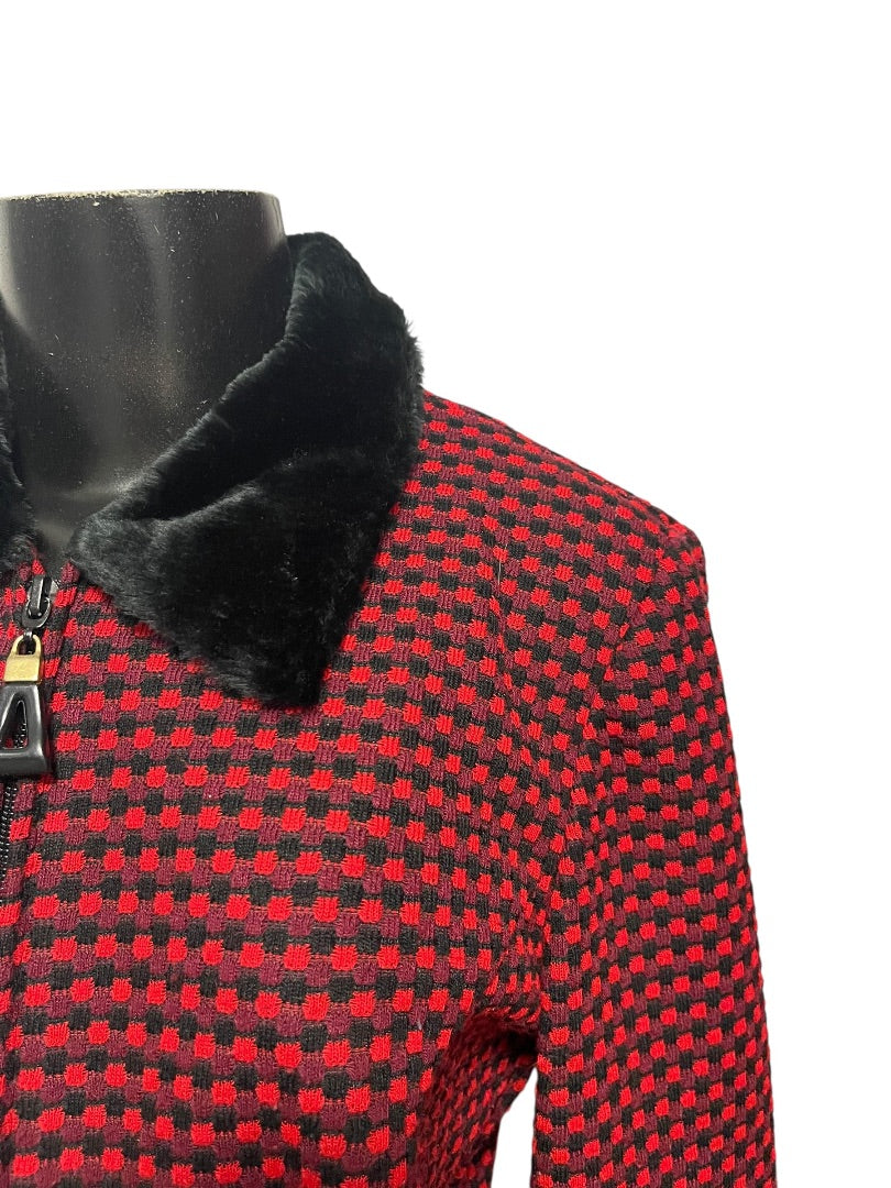 Size 8P Postive Attitude Vintage Womens Petite Zip Up Knit Checkered Jacket Fleece Collar