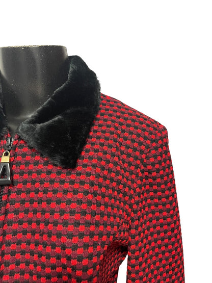 Size 8P Postive Attitude Vintage Womens Petite Zip Up Knit Checkered Jacket Fleece Collar