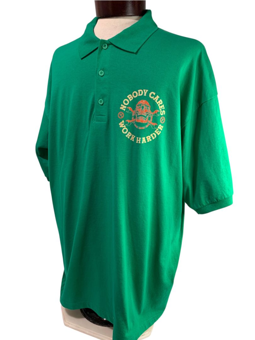 Size 2XL Mens Green Polo Shirt Nobody Cares Work Harder Graphic