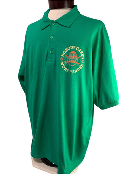 Size 2XL Mens Green Polo Shirt Nobody Cares Work Harder Graphic