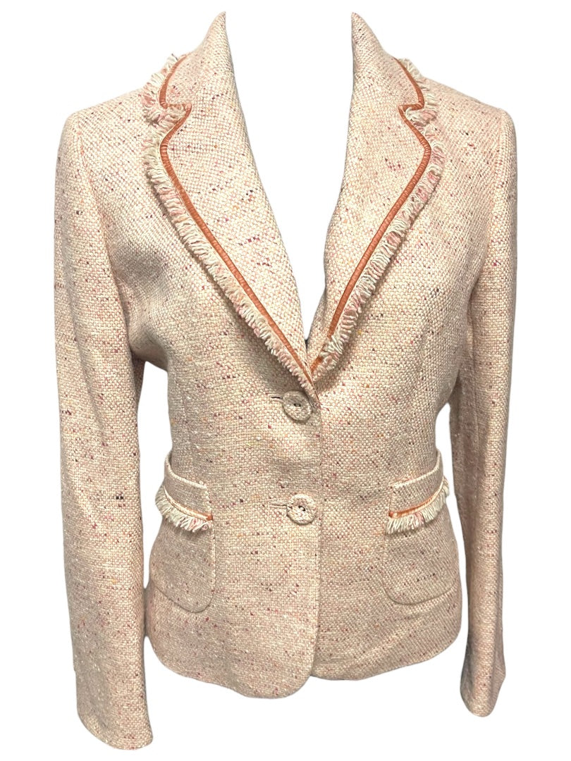 Size 2P AT Studio Womens Pink Tweed Jacket Blazer Fringe Velvet Trim