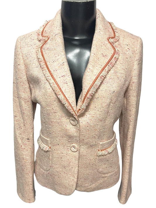Size 2P AT Studio Womens Pink Tweed Jacket Blazer Fringe Velvet Trim
