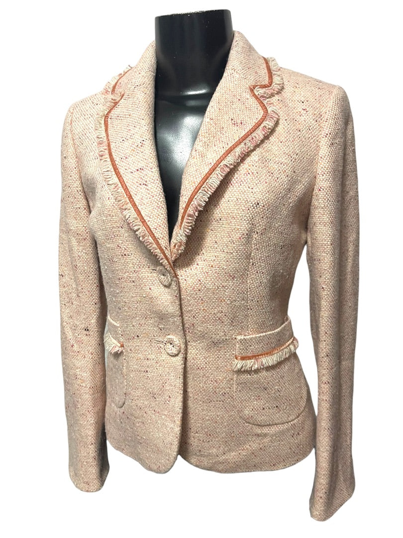 Size 2P AT Studio Womens Pink Tweed Jacket Blazer Fringe Velvet Trim