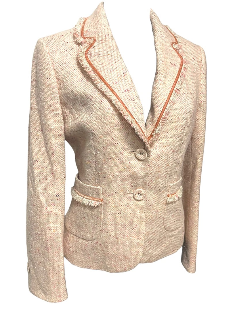Size 2P AT Studio Womens Pink Tweed Jacket Blazer Fringe Velvet Trim