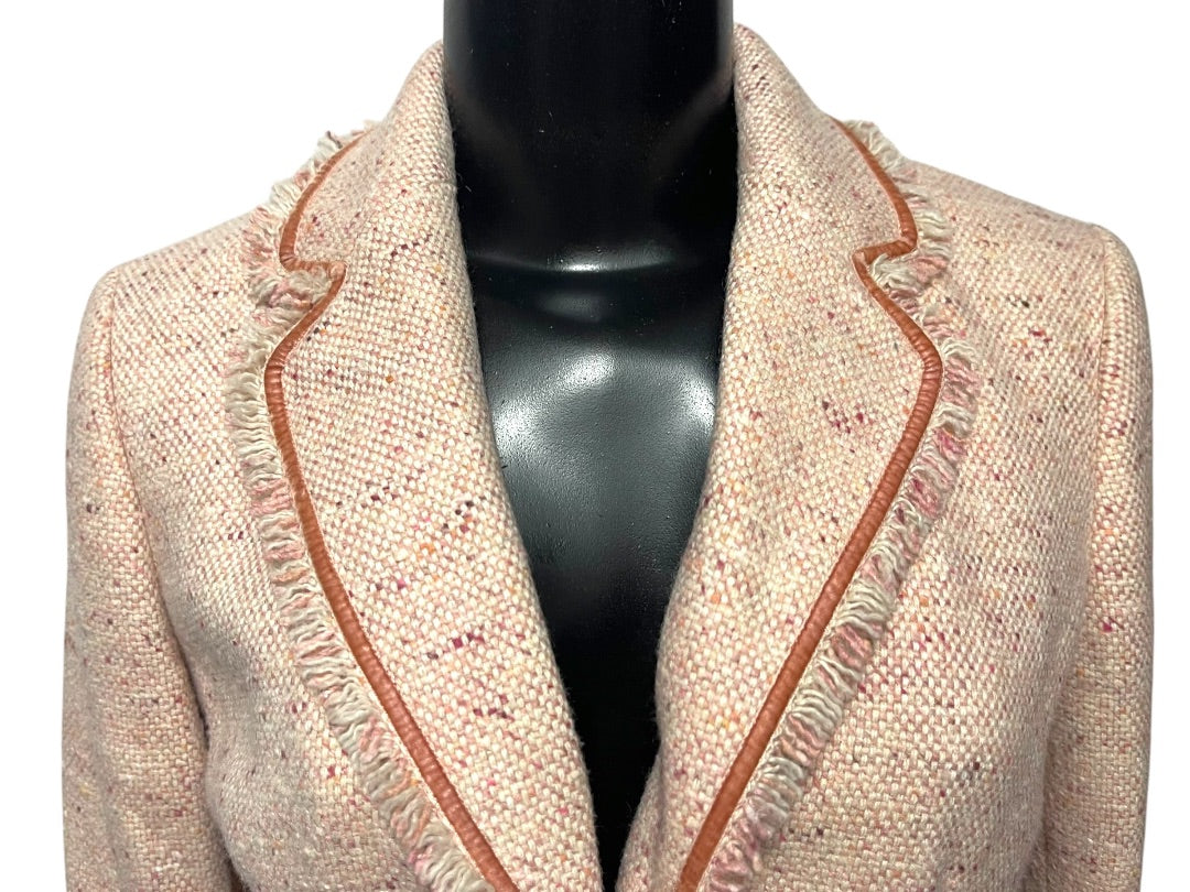 Size 2P AT Studio Womens Pink Tweed Jacket Blazer Fringe Velvet Trim