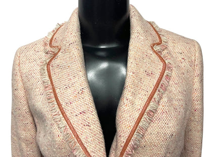 Size 2P AT Studio Womens Pink Tweed Jacket Blazer Fringe Velvet Trim