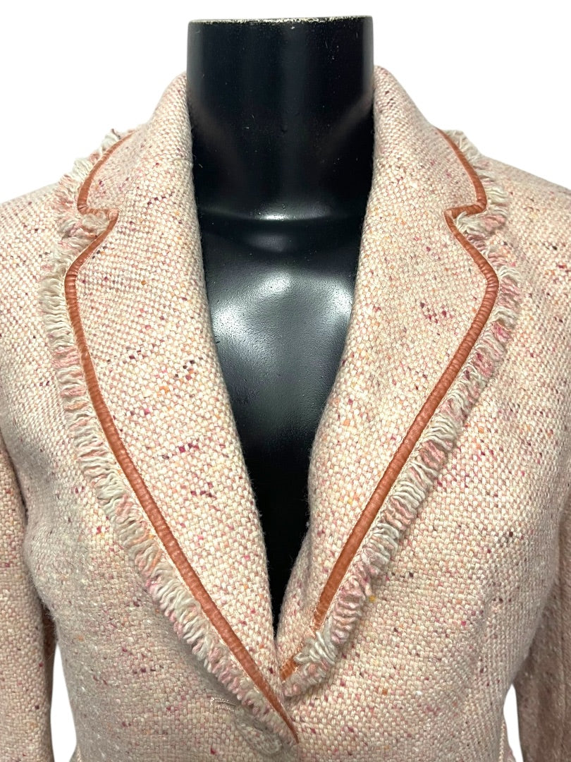 Size 2P AT Studio Womens Pink Tweed Jacket Blazer Fringe Velvet Trim