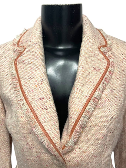 Size 2P AT Studio Womens Pink Tweed Jacket Blazer Fringe Velvet Trim