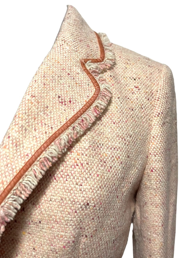 Size 2P AT Studio Womens Pink Tweed Jacket Blazer Fringe Velvet Trim