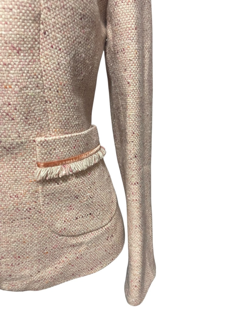 Size 2P AT Studio Womens Pink Tweed Jacket Blazer Fringe Velvet Trim