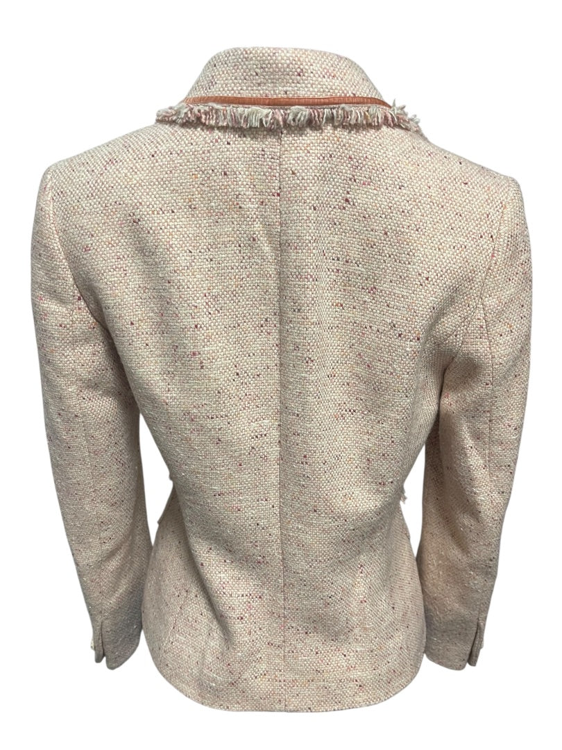 Size 2P AT Studio Womens Pink Tweed Jacket Blazer Fringe Velvet Trim