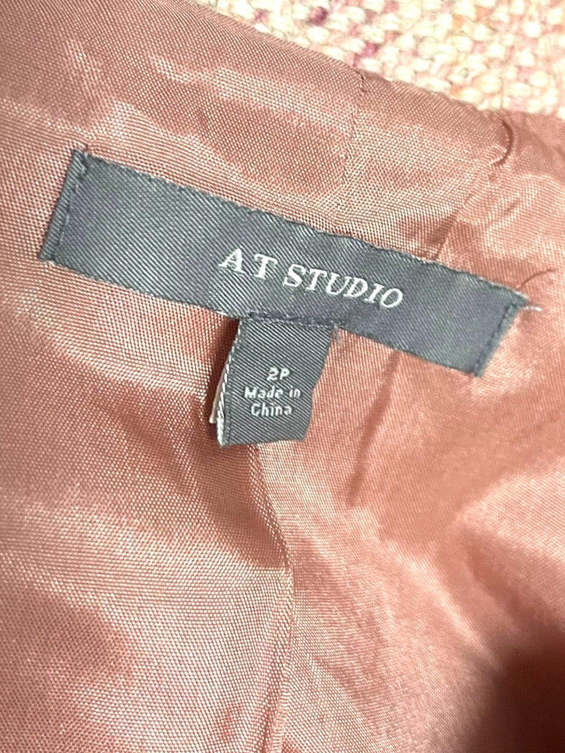 Size 2P AT Studio Womens Pink Tweed Jacket Blazer Fringe Velvet Trim