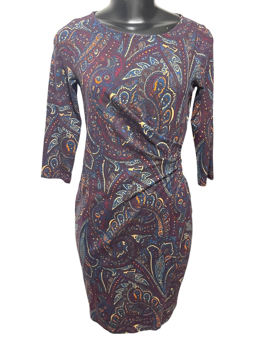Small Petite Talbots Paisley Stretch Sheath Dress Ruched Waist 3/4 Sleeve