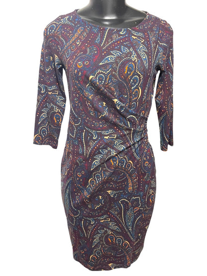 Small Petite Talbots Paisley Stretch Sheath Dress Ruched Waist 3/4 Sleeve