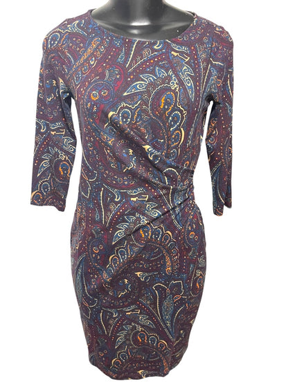 Small Petite Talbots Paisley Stretch Sheath Dress Ruched Waist 3/4 Sleeve