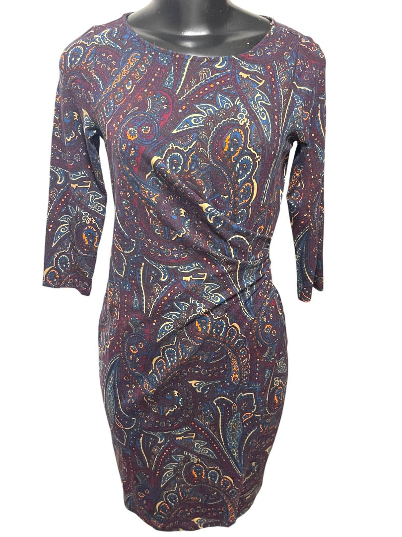 Small Petite Talbots Paisley Stretch Sheath Dress Ruched Waist 3/4 Sleeve