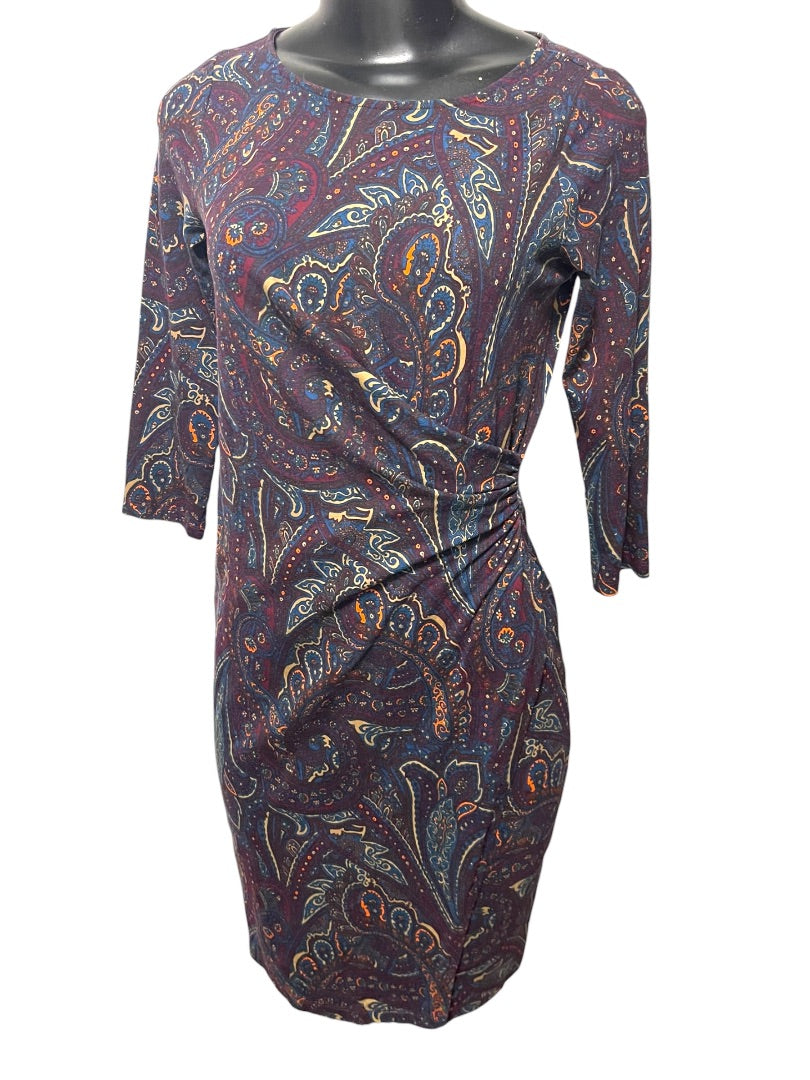 Small Petite Talbots Paisley Stretch Sheath Dress Ruched Waist 3/4 Sleeve