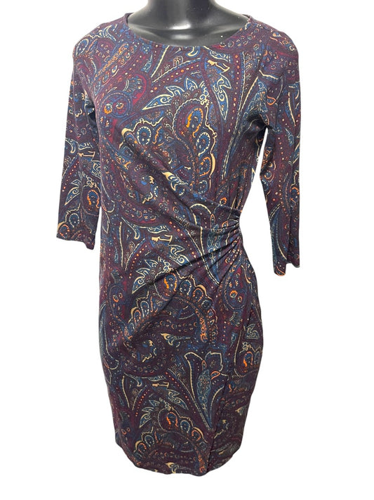 Small Petite Talbots Paisley Stretch Sheath Dress Ruched Waist 3/4 Sleeve