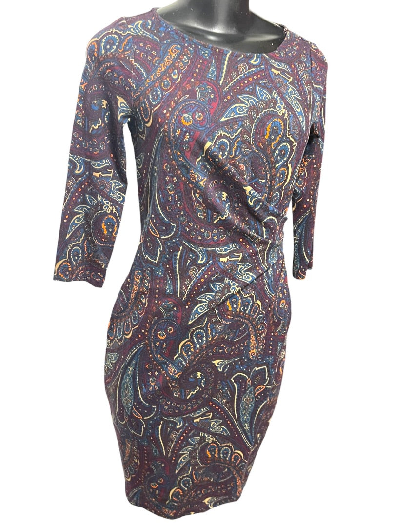 Small Petite Talbots Paisley Stretch Sheath Dress Ruched Waist 3/4 Sleeve
