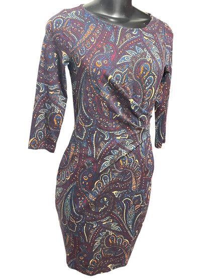 Small Petite Talbots Paisley Stretch Sheath Dress Ruched Waist 3/4 Sleeve