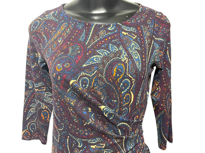 Small Petite Talbots Paisley Stretch Sheath Dress Ruched Waist 3/4 Sleeve