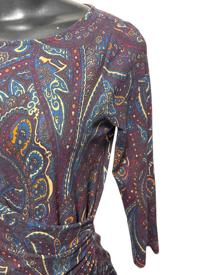 Small Petite Talbots Paisley Stretch Sheath Dress Ruched Waist 3/4 Sleeve
