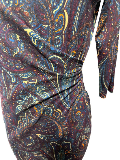 Small Petite Talbots Paisley Stretch Sheath Dress Ruched Waist 3/4 Sleeve
