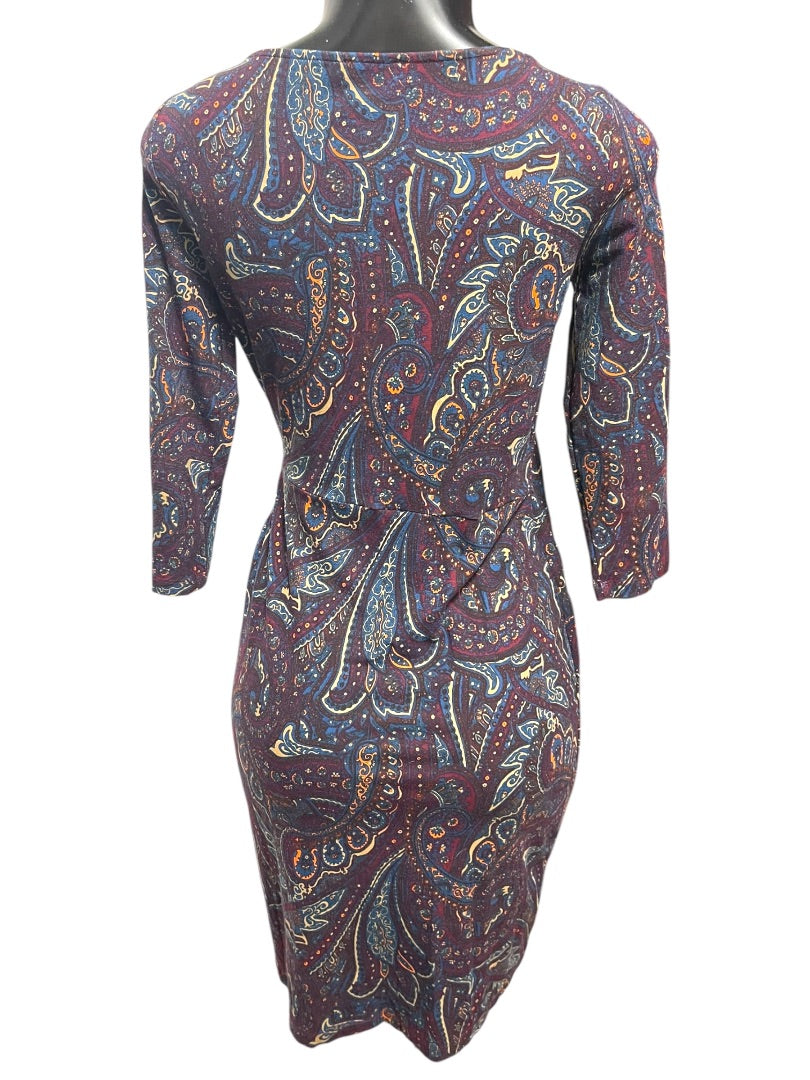 Small Petite Talbots Paisley Stretch Sheath Dress Ruched Waist 3/4 Sleeve