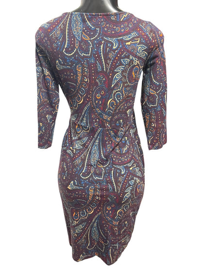 Small Petite Talbots Paisley Stretch Sheath Dress Ruched Waist 3/4 Sleeve