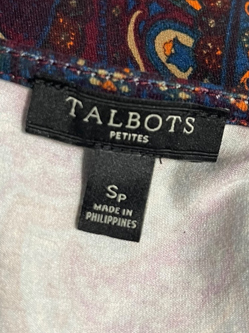 Small Petite Talbots Paisley Stretch Sheath Dress Ruched Waist 3/4 Sleeve