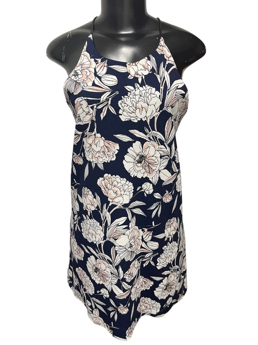 Medium Aqua Trapeze Blue Pink Floral Shift Summer Dress Sleeveless