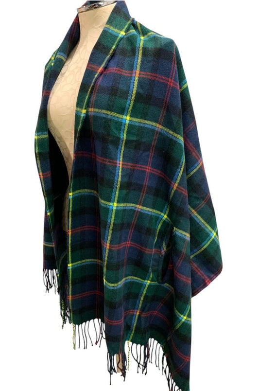 Dark Green Tartan Preppy Plaid Poncho Wrap Shawl Fringed 30" x 74"