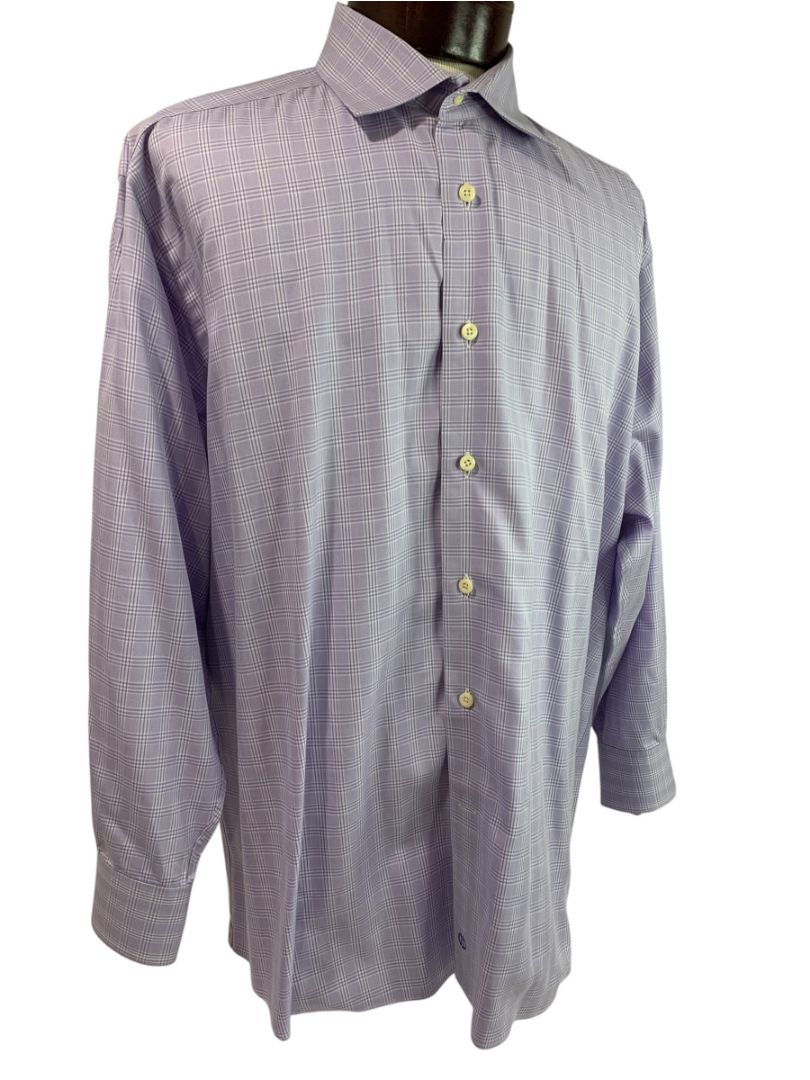 XL (17.5 32/33) David Donahue Mens Dress Shirt Button Up Light Purple Plaid
