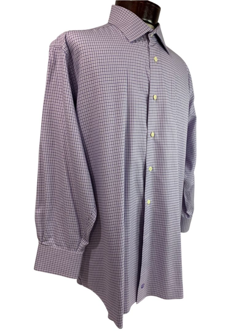XL (17.5 32/33) David Donahue Mens Dress Shirt Button Up Purple Houndstooth Plaid Pattern
