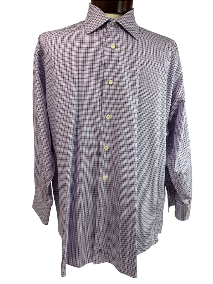 XL (17.5 32/33) David Donahue Mens Dress Shirt Button Up Purple Houndstooth Plaid Pattern
