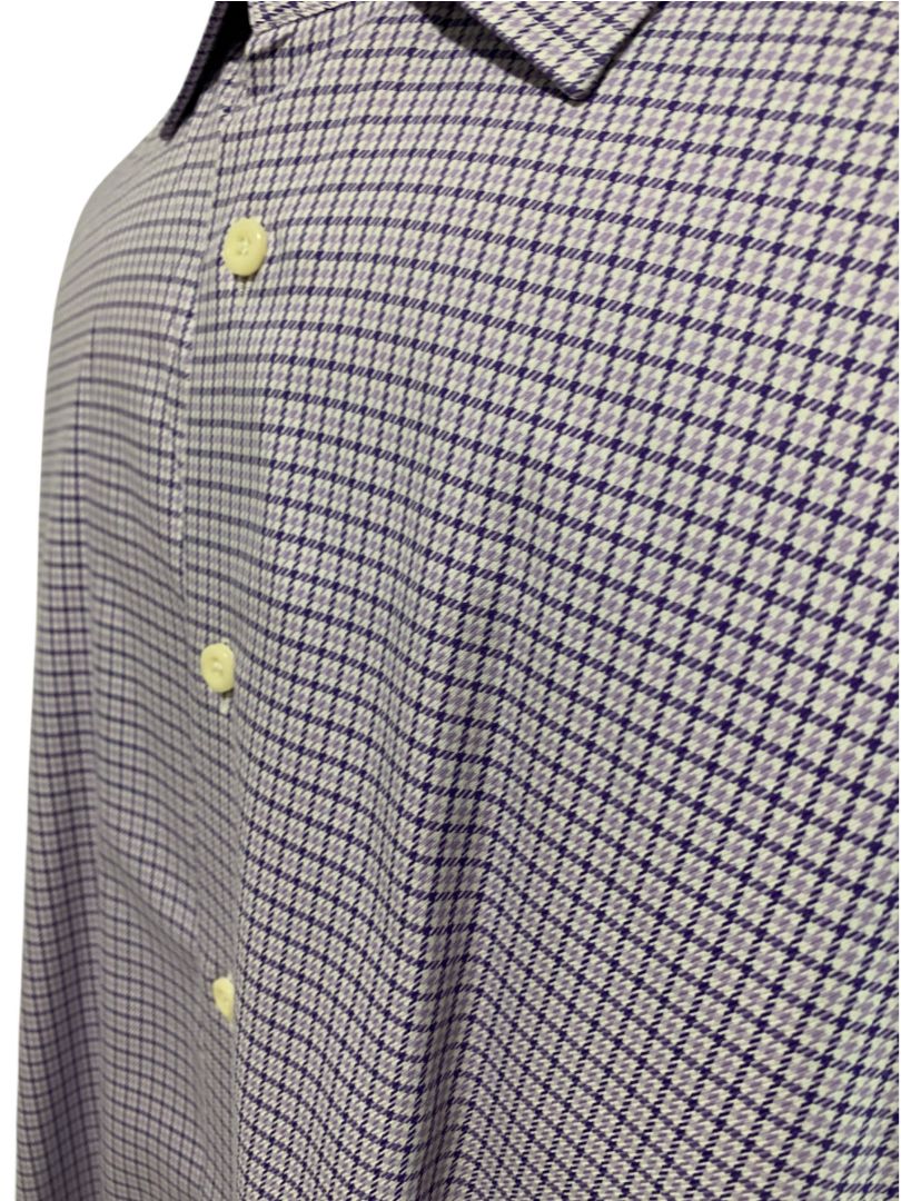 XL (17.5 32/33) David Donahue Mens Dress Shirt Button Up Purple Houndstooth Plaid Pattern