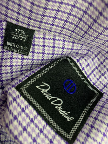 XL (17.5 32/33) David Donahue Mens Dress Shirt Button Up Purple Houndstooth Plaid Pattern