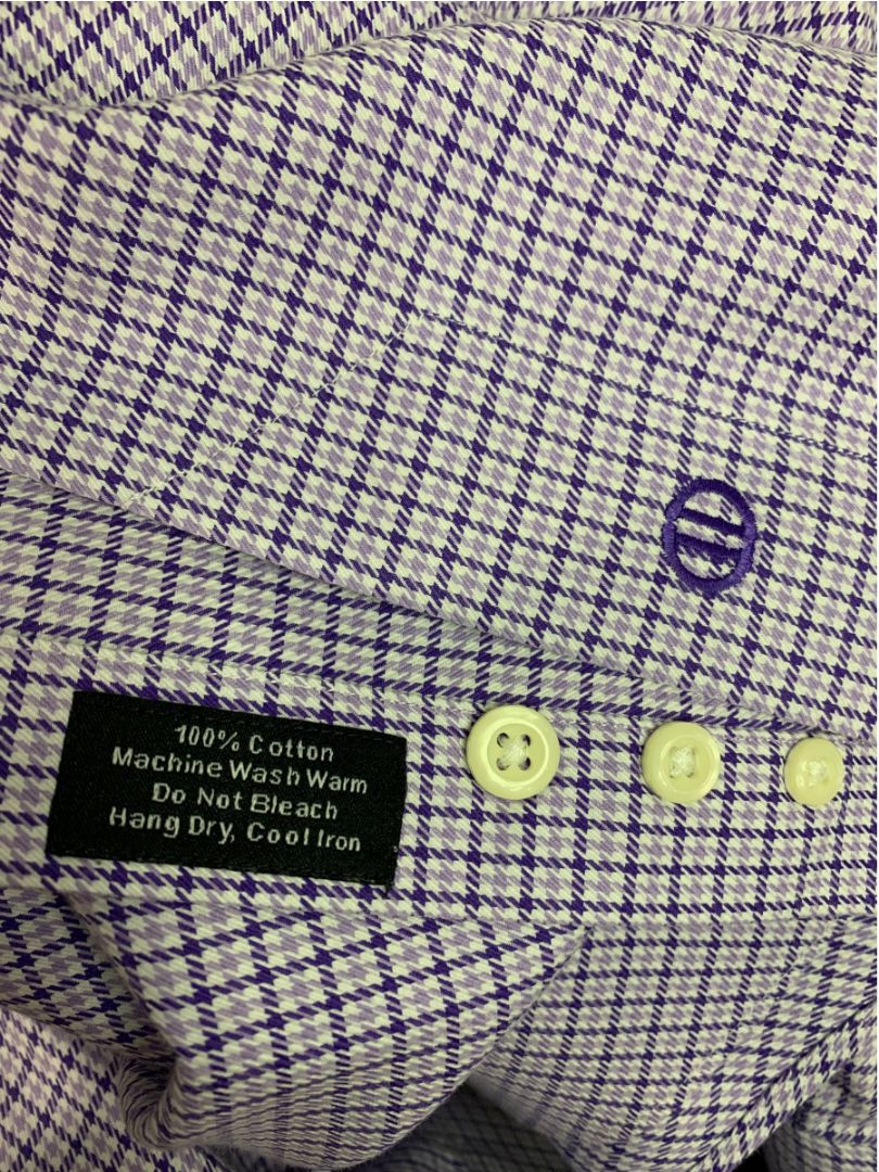 XL (17.5 32/33) David Donahue Mens Dress Shirt Button Up Purple Houndstooth Plaid Pattern