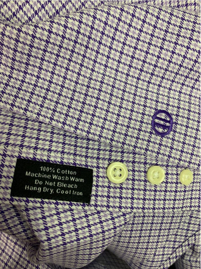 XL (17.5 32/33) David Donahue Mens Dress Shirt Button Up Purple Houndstooth Plaid Pattern