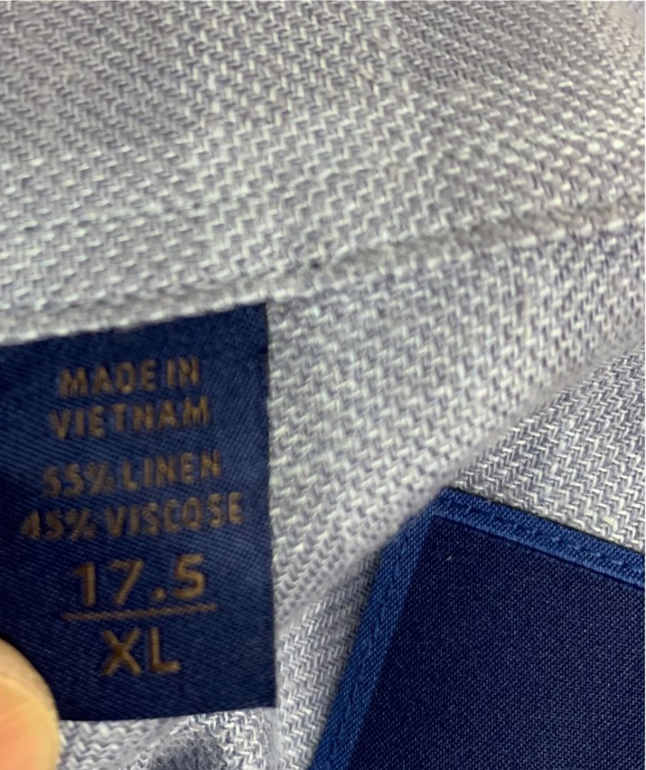 Size XL (17.5) David Donahue Mens Blue Button Up Shirt Linen Blend
