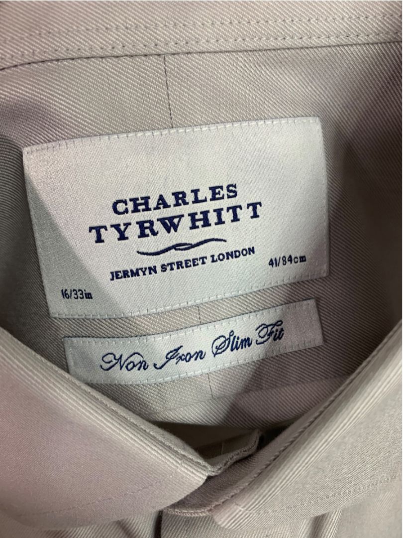 Large (16-33) Charles Tyrwhitt Mens Button Up Dress Shirt French Cuff Gray Non Iron Slim Fit