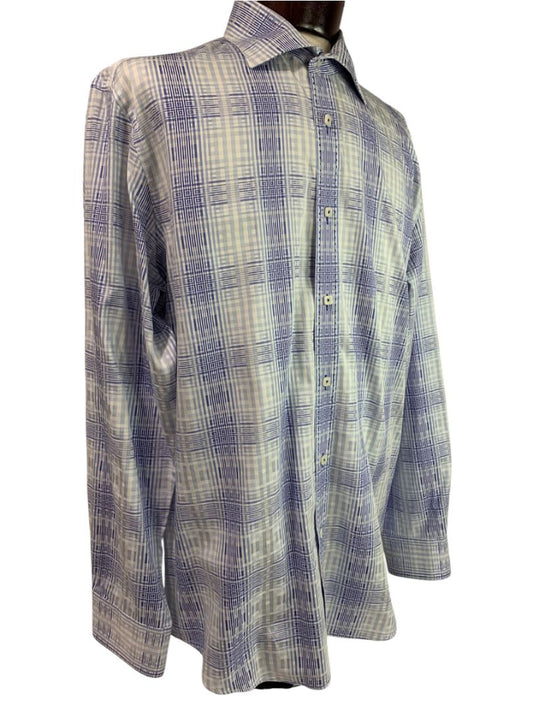 Size XL Bugatchi Mens Blue White Plaid Button Up Dress Shirt Cotton Shaped Fit