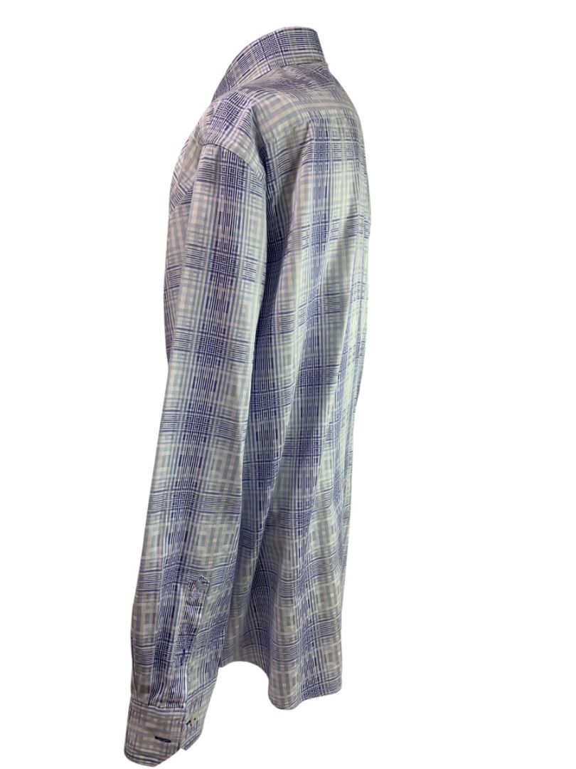 Size XL Bugatchi Mens Blue White Plaid Button Up Dress Shirt Cotton Shaped Fit