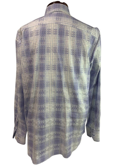 Size XL Bugatchi Mens Blue White Plaid Button Up Dress Shirt Cotton Shaped Fit