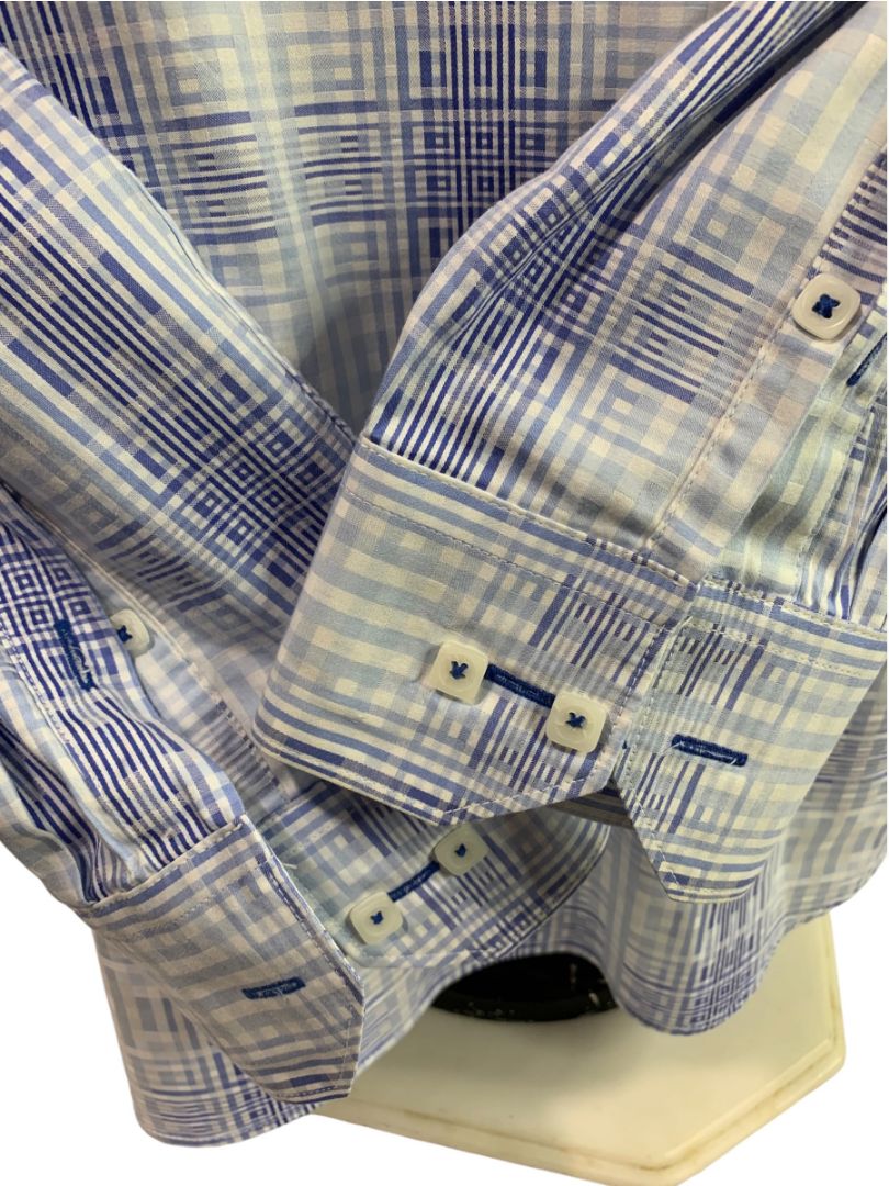 Size XL Bugatchi Mens Blue White Plaid Button Up Dress Shirt Cotton Shaped Fit
