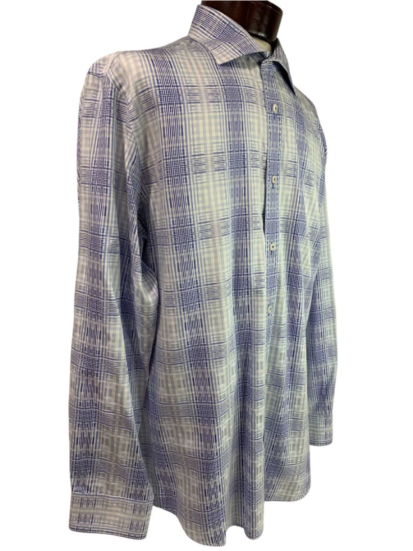 Size XL Bugatchi Mens Blue White Plaid Button Up Dress Shirt Cotton Shaped Fit