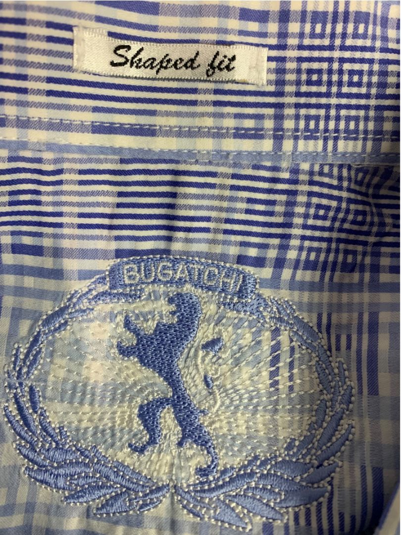 Size XL Bugatchi Mens Blue White Plaid Button Up Dress Shirt Cotton Shaped Fit