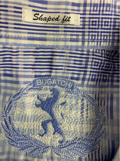Size XL Bugatchi Mens Blue White Plaid Button Up Dress Shirt Cotton Shaped Fit
