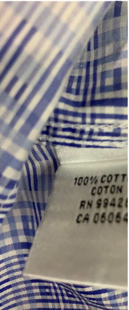 Size XL Bugatchi Mens Blue White Plaid Button Up Dress Shirt Cotton Shaped Fit